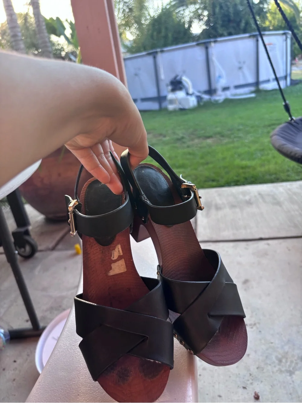 Women's Black Leather Platform Sandals with Ankle Buckle